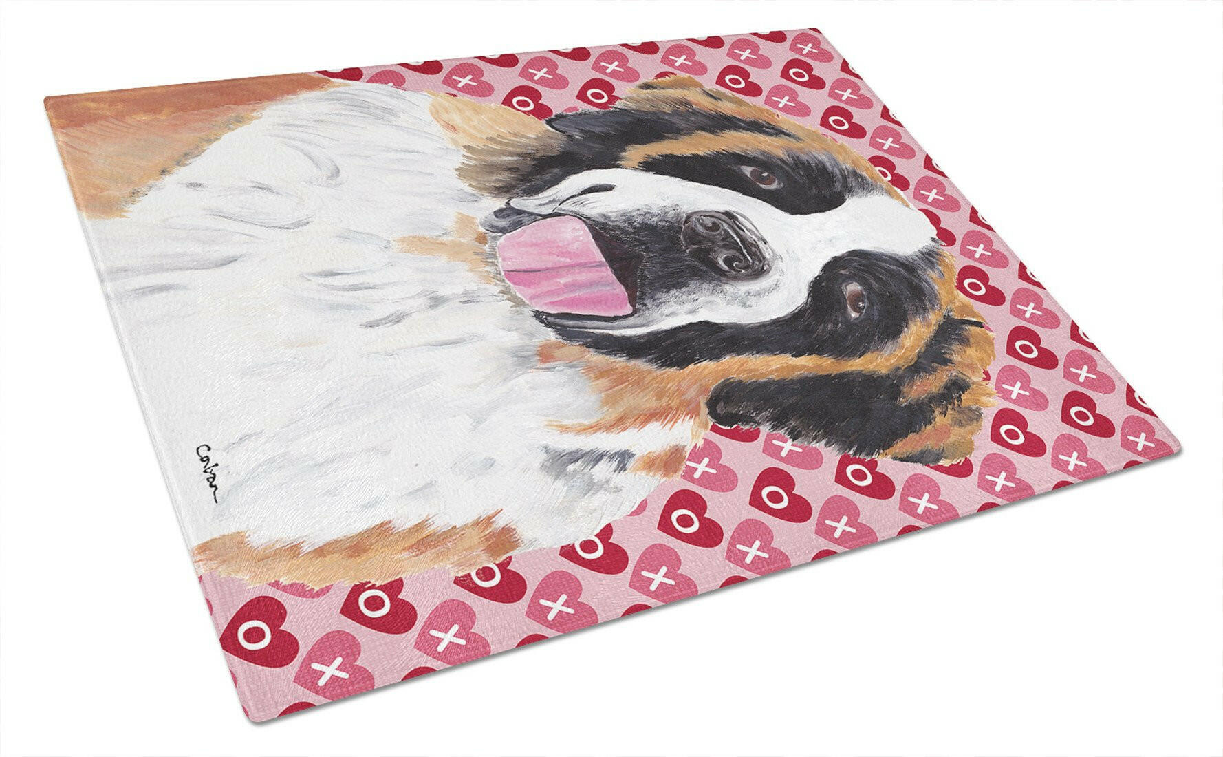 Saint Bernard Hearts Love and Valentine's Day Portrait Cutting Board Tempered Glass Kitchen Cutting Surface, Heat Resistant Chopping, Non-Slip Feet, Food Prep & Serving