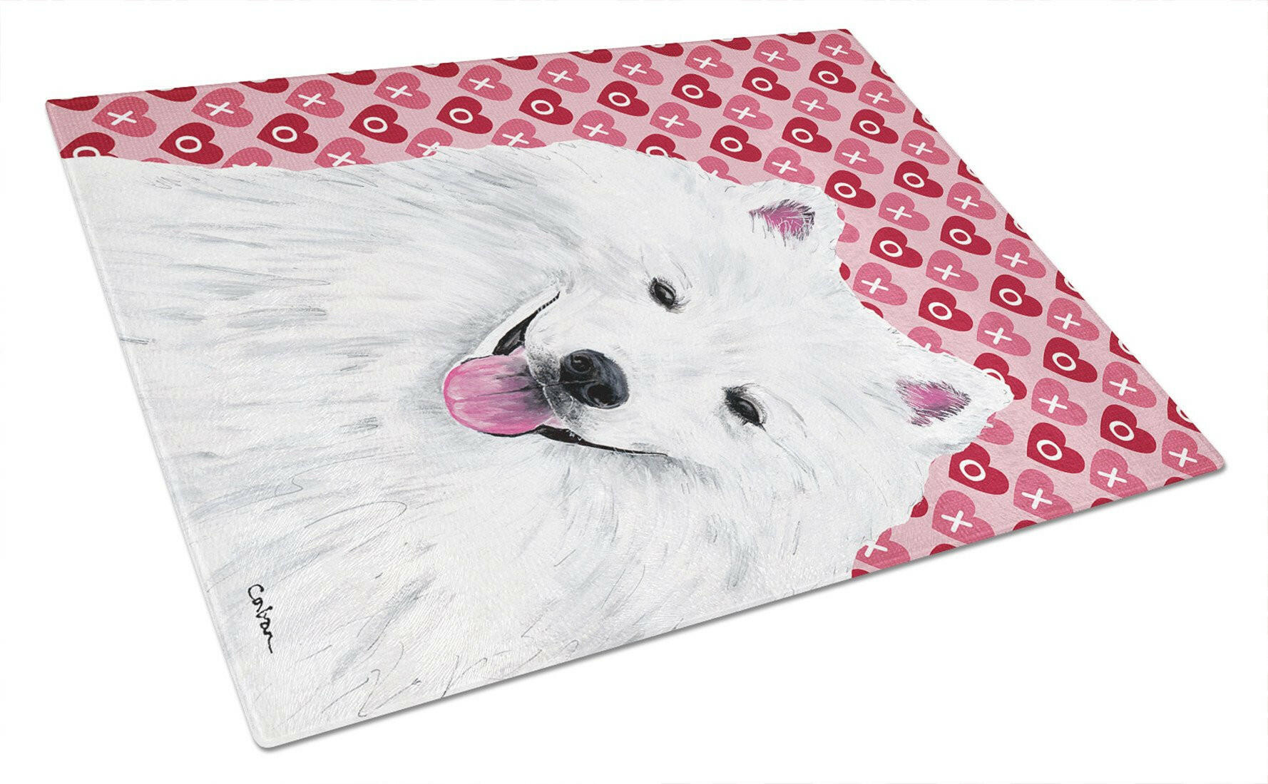American Eskimo Hearts Love and Valentine's Day Portrait Cutting Board Tempered Glass Kitchen Cutting Surface, Heat Resistant Chopping, Non-Slip Feet, Food Prep & Serving