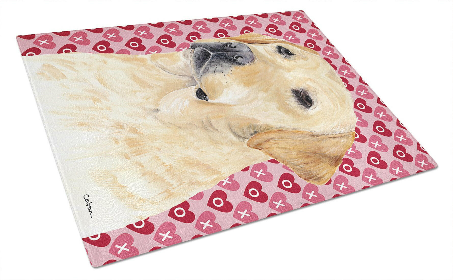 Labrador Yellow Hearts Love Valentine's Day Cutting Board Tempered Glass Kitchen Cutting Surface, Heat Resistant Chopping, Non-Slip Feet, Food Prep & Serving