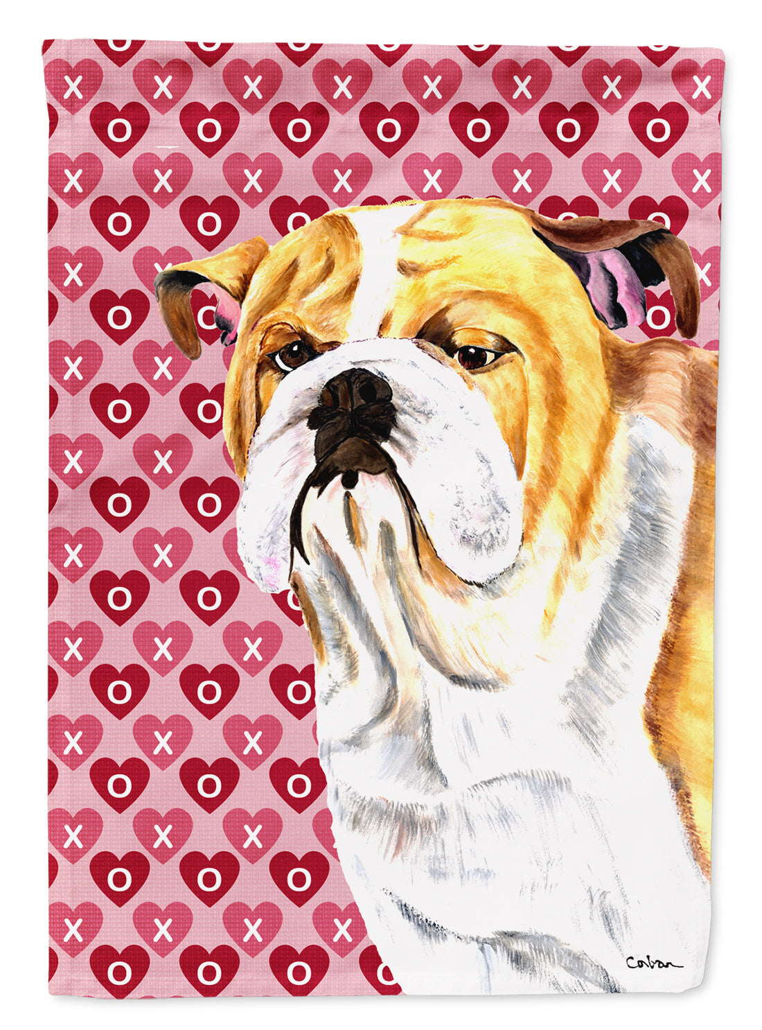 Bulldog English Hearts Love Valentine's Day Portrait House Flag 28x40 Porch Sleeve Pole Decorative Outside Yard Banner Artwork Wall Hanging, Polyester