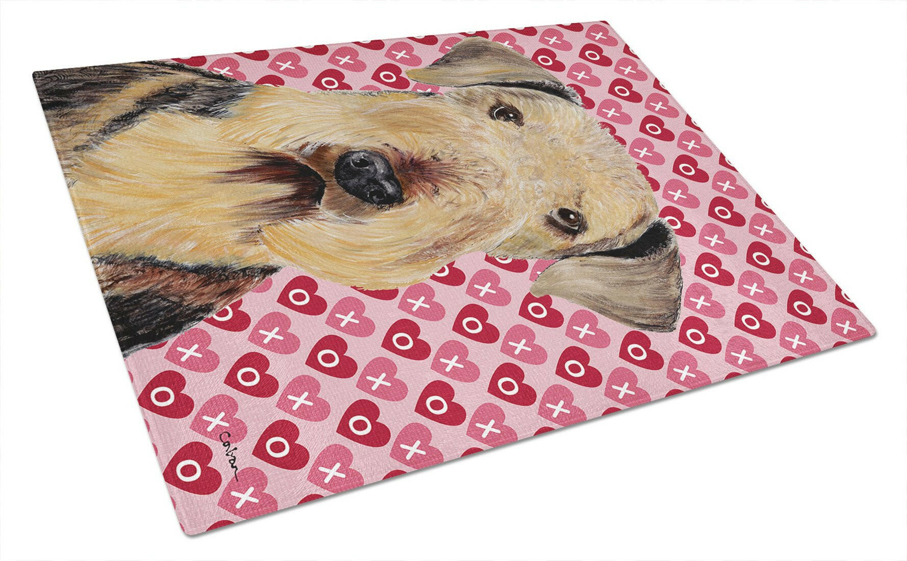 Airedale Hearts Love and Valentine's Day Portrait Cutting Board Tempered Glass Kitchen Cutting Surface, Heat Resistant Chopping, Non-Slip Feet, Food Prep & Serving