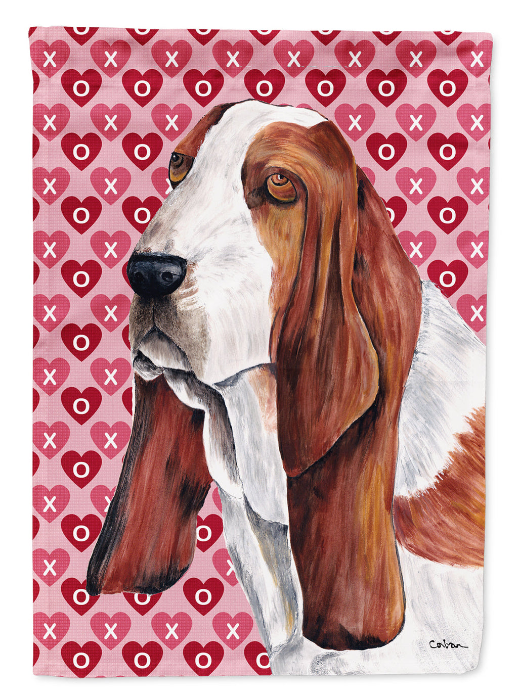 Basset Hound Hearts Love and Valentine's Day Portrait House Flag 28x40 Porch Sleeve Pole Decorative Outside Yard Banner Artwork Wall Hanging, Polyester