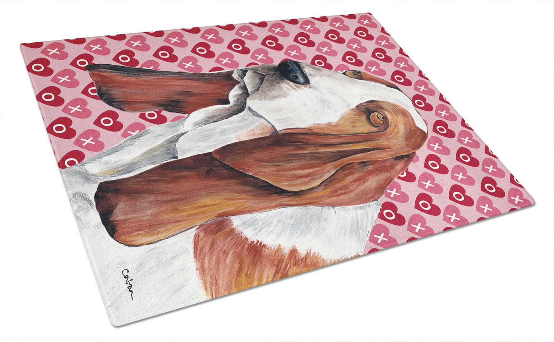 Basset Hound Hearts Love and Valentine's Day Portrait Cutting Board Tempered Glass Kitchen Cutting Surface, Heat Resistant Chopping, Non-Slip Feet, Food Prep & Serving
