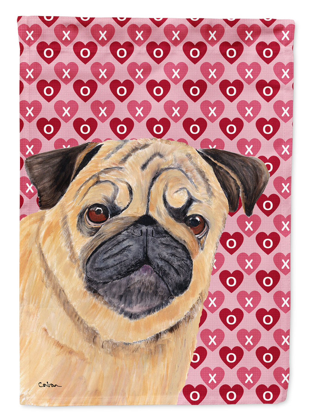 Pug Hearts Love and Valentine's Day Portrait House Flag 28x40 Porch Sleeve Pole Decorative Outside Yard Banner Artwork Wall Hanging, Polyester
