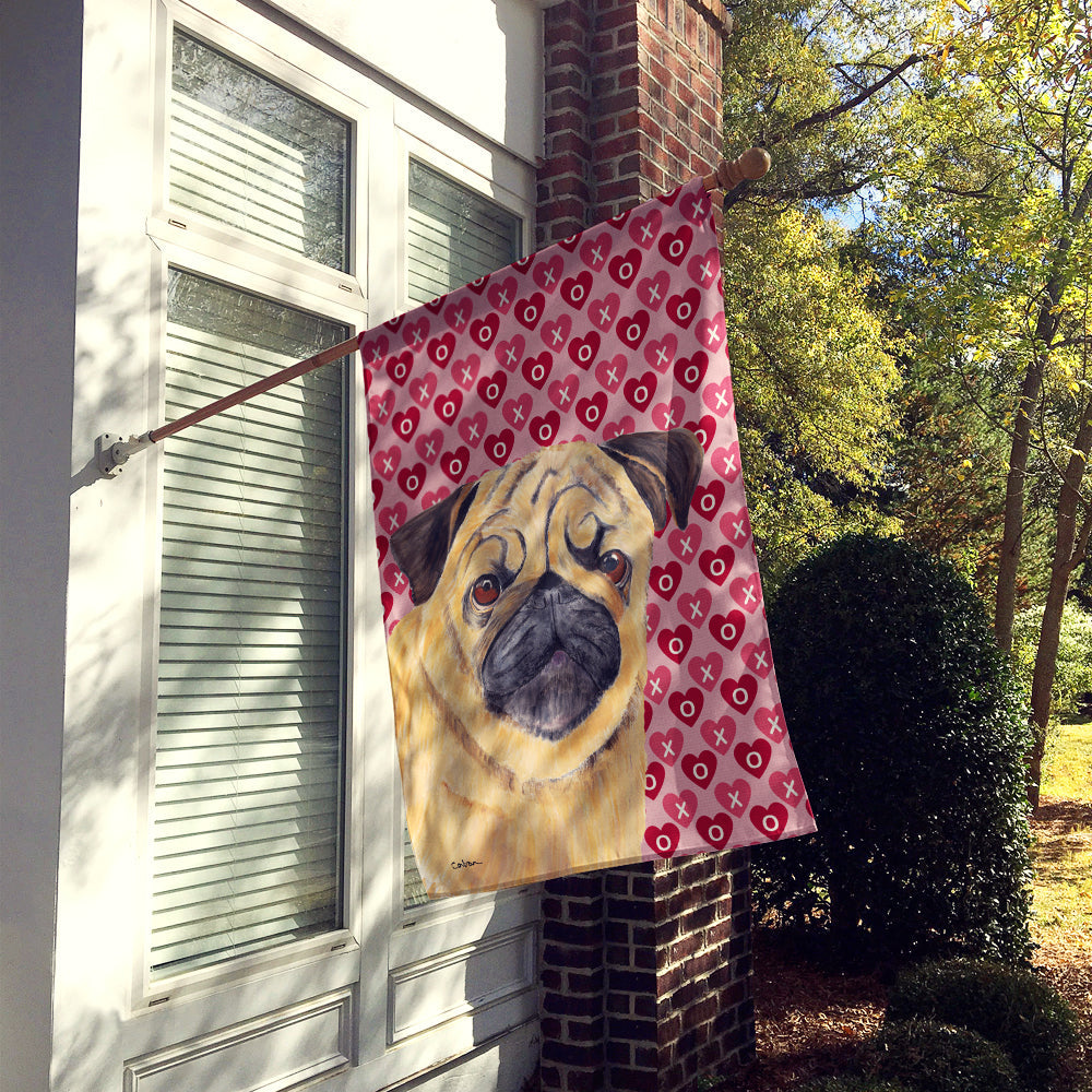 Pug Hearts Love and Valentine's Day Portrait House Flag 28x40 Porch Sleeve Pole Decorative Outside Yard Banner Artwork Wall Hanging, Polyester
