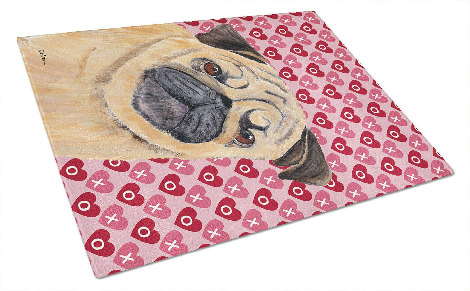 Pug Hearts Love and Valentine's Day Portrait Cutting Board Tempered Glass Kitchen Cutting Surface, Heat Resistant Chopping, Non-Slip Feet, Food Prep & Serving