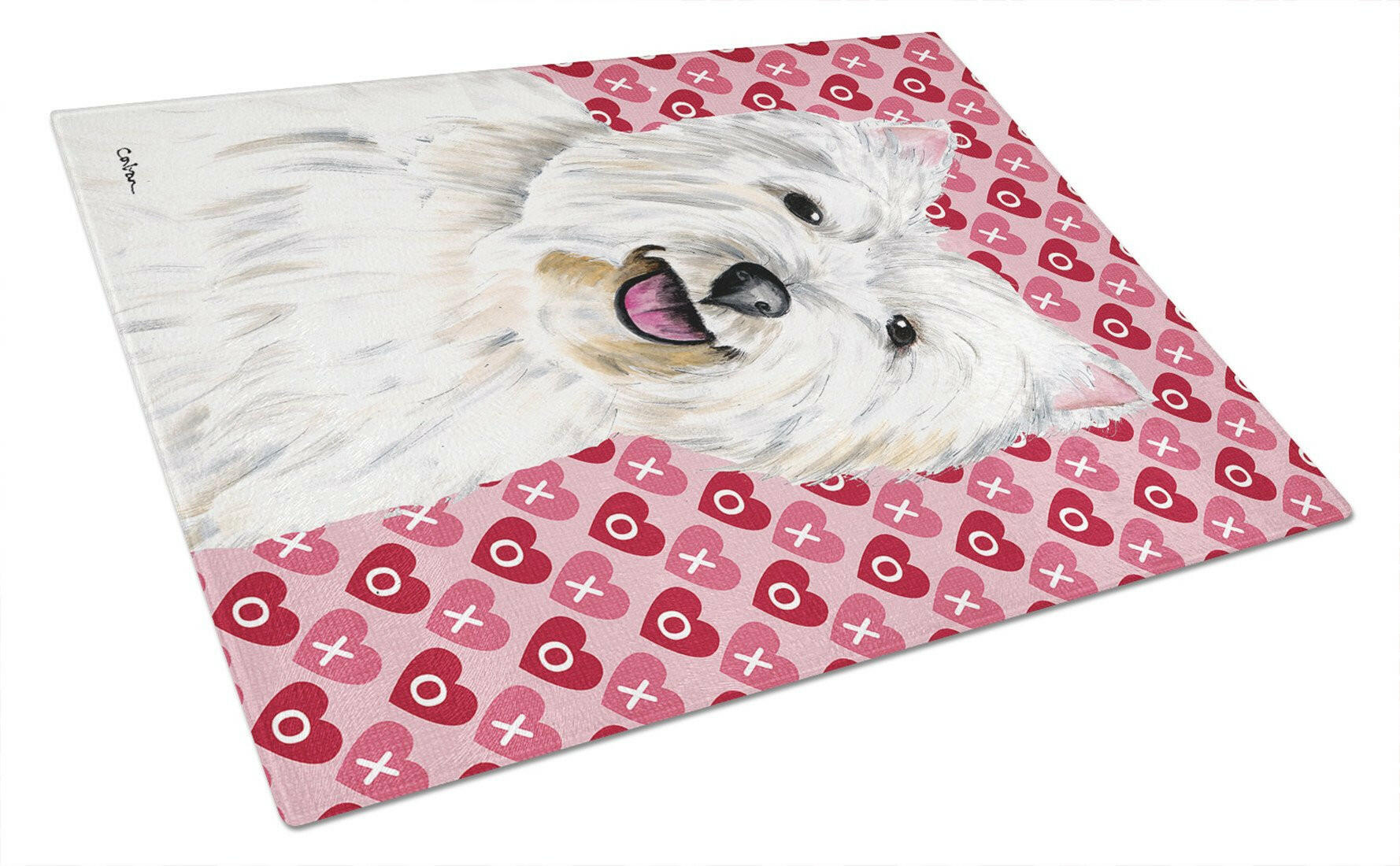 Westie Hearts Love and Valentine's Day Portrait Cutting Board Tempered Glass Kitchen Cutting Surface, Heat Resistant Chopping, Non-Slip Feet, Food Prep & Serving