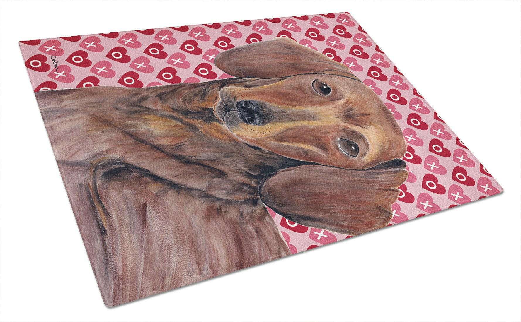 Dachshund Hearts Love and Valentine's Day Portrait Cutting Board Tempered Glass Kitchen Cutting Surface, Heat Resistant Chopping, Non-Slip Feet, Food Prep & Serving
