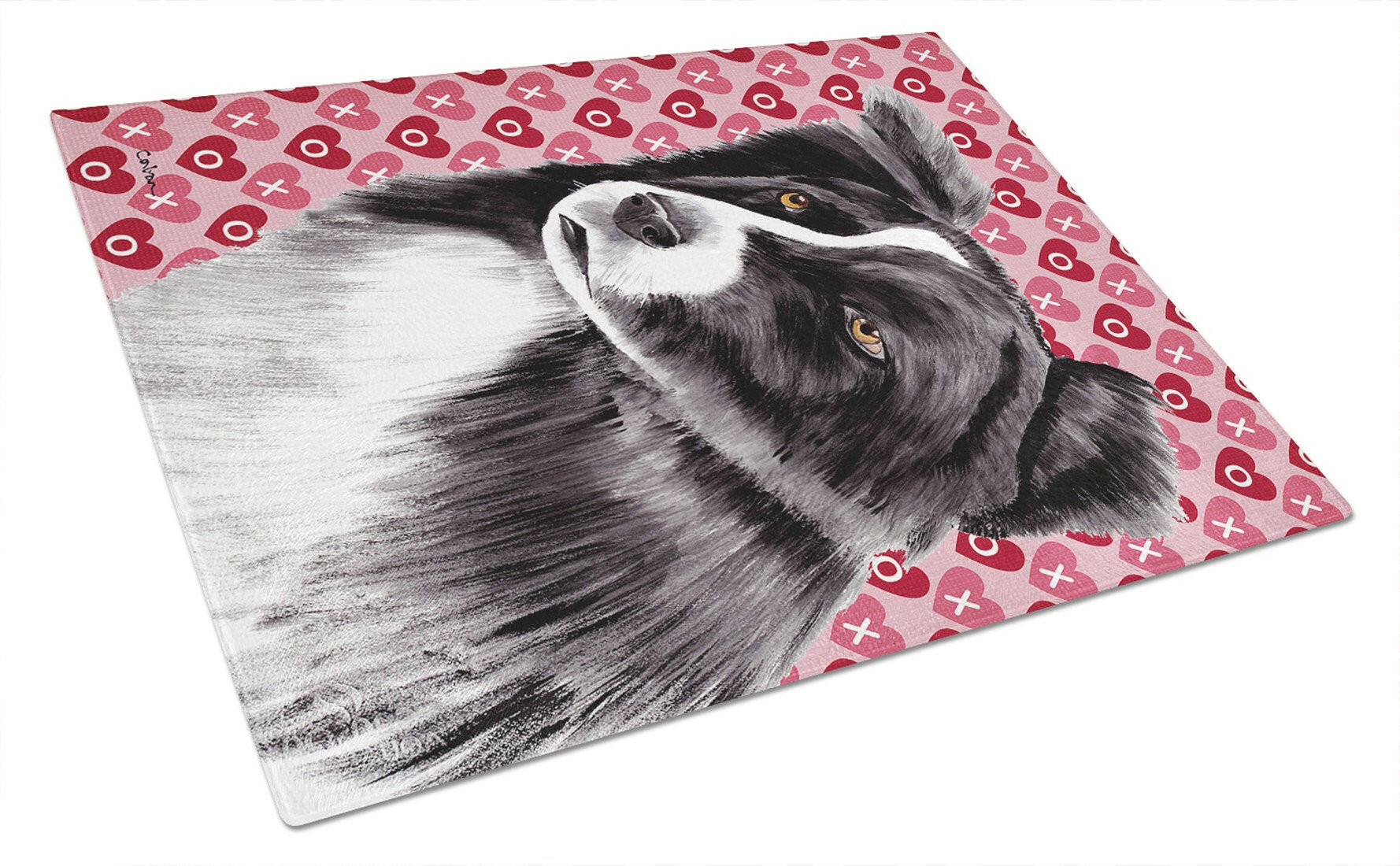Border Collie Hearts Love and Valentine's Day Portrait Cutting Board Tempered Glass Kitchen Cutting Surface, Heat Resistant Chopping, Non-Slip Feet, Food Prep & Serving
