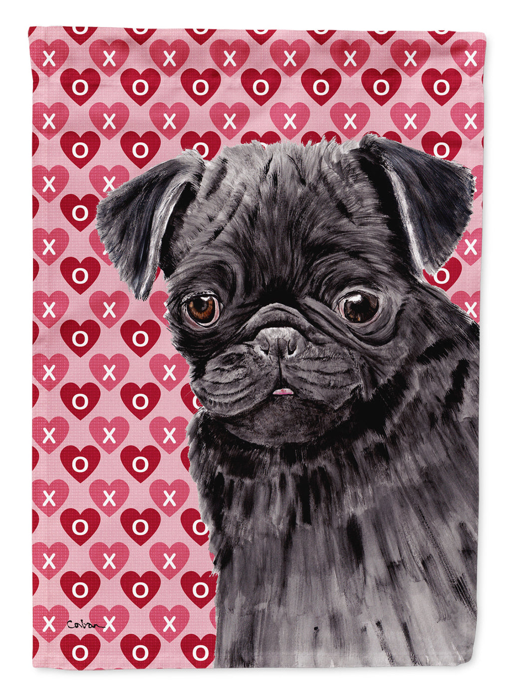 Pug Black Hearts Love and Valentine's Day Portrait House Flag 28x40 Porch Sleeve Pole Decorative Outside Yard Banner Artwork Wall Hanging, Polyester