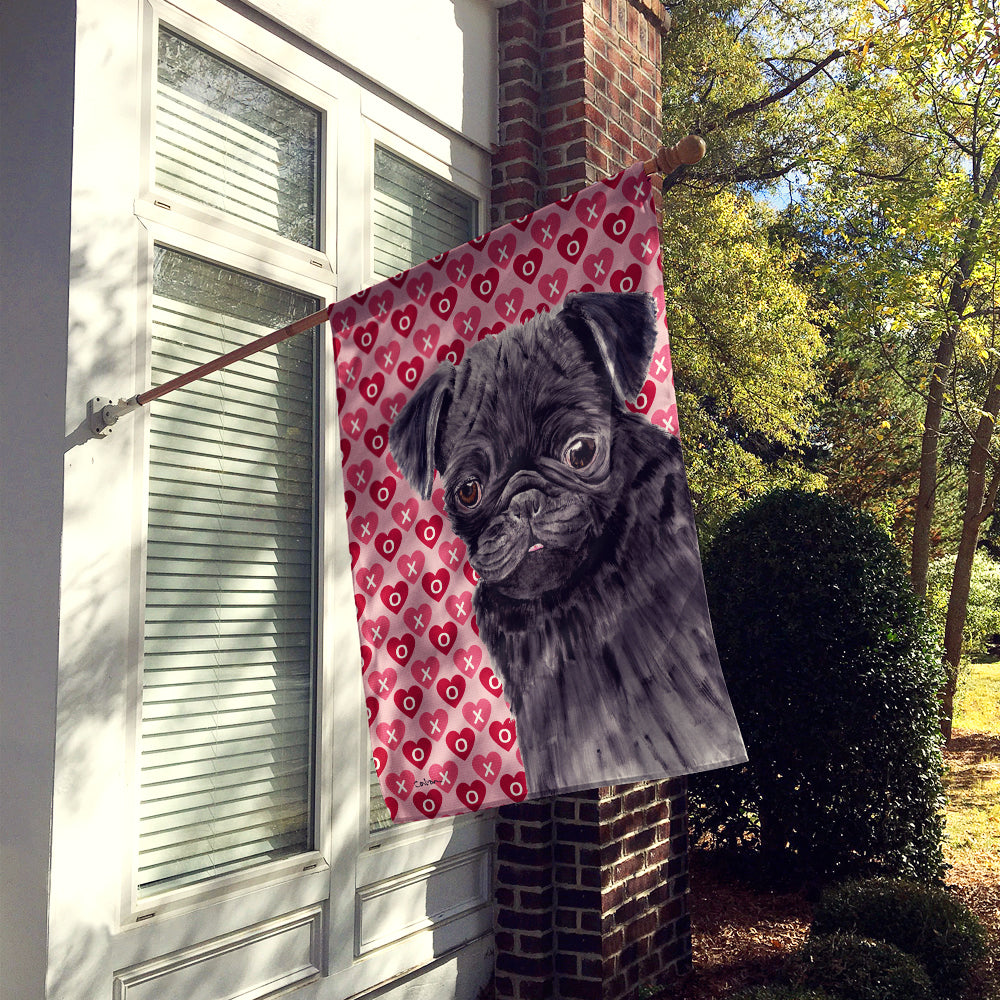 Pug Black Hearts Love and Valentine's Day Portrait House Flag 28x40 Porch Sleeve Pole Decorative Outside Yard Banner Artwork Wall Hanging, Polyester