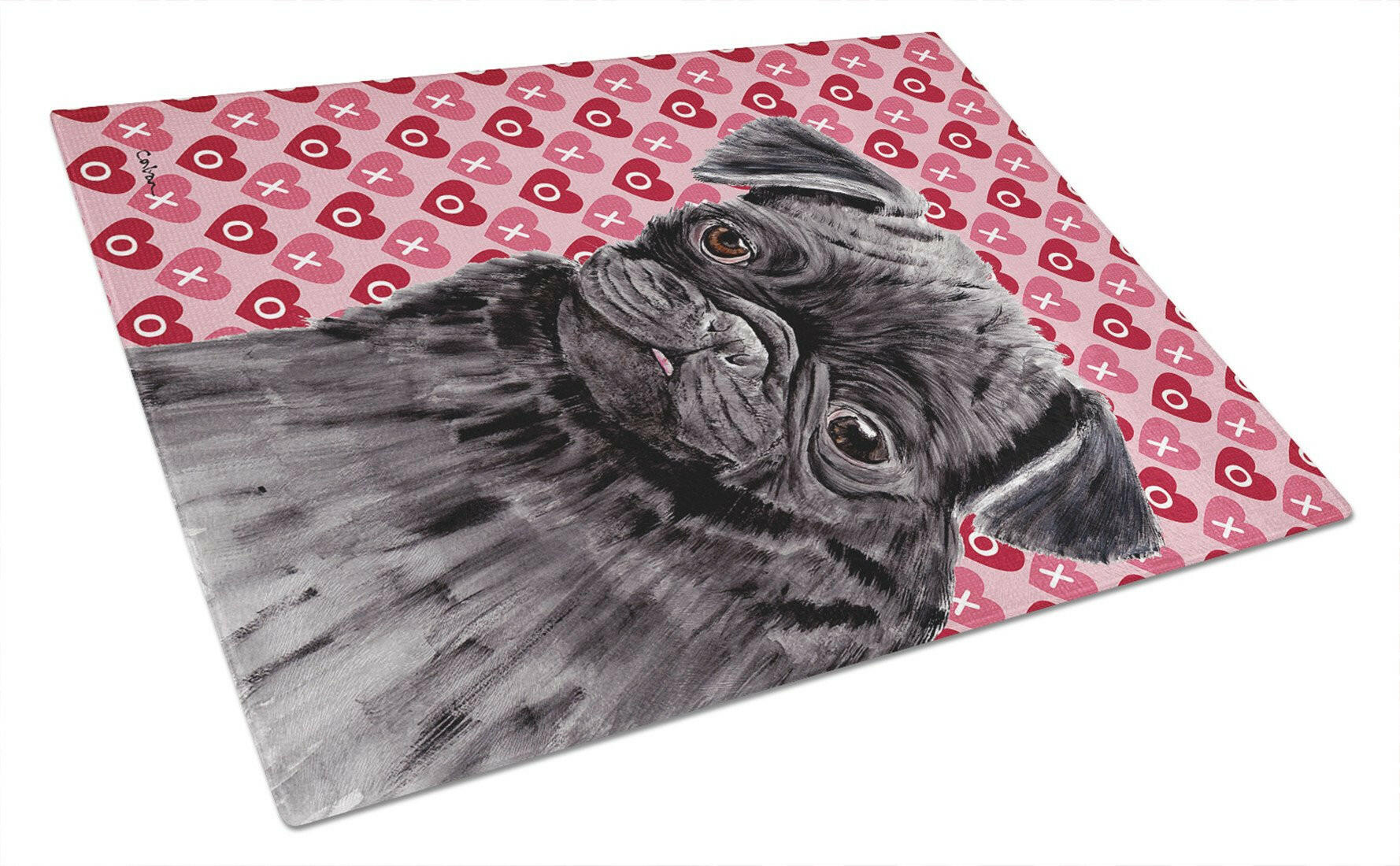 Pug Black Hearts Love and Valentine's Day Portrait Cutting Board Tempered Glass Kitchen Cutting Surface, Heat Resistant Chopping, Non-Slip Feet, Food Prep & Serving