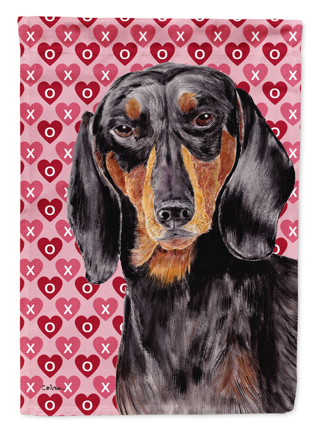 Dachshund Black Tan Hearts Love Valentine's Day House Flag 28x40 Porch Sleeve Pole Decorative Outside Yard Banner Artwork Wall Hanging, Polyester