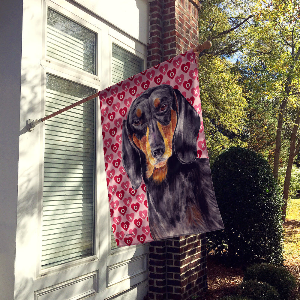 Dachshund Black Tan Hearts Love Valentine's Day House Flag 28x40 Porch Sleeve Pole Decorative Outside Yard Banner Artwork Wall Hanging, Polyester
