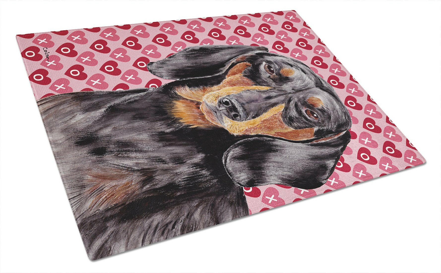 Dachshund Black Tan Hearts Love Valentine's Day Cutting Board Tempered Glass Kitchen Cutting Surface, Heat Resistant Chopping, Non-Slip Feet, Food Prep & Serving