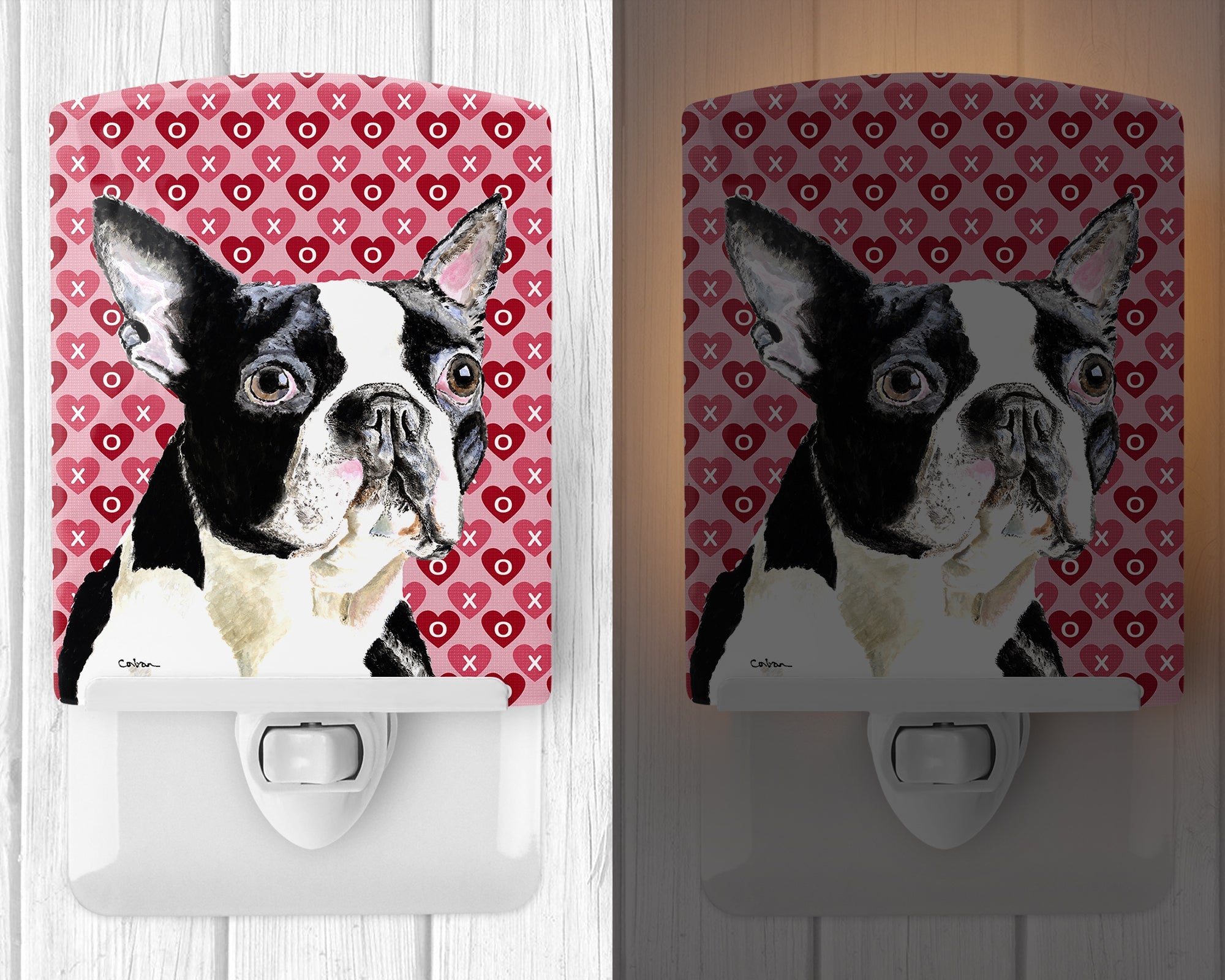 Boston Terrier Hearts Love Valentine's Day Ceramic Night Light Compact, UL-Certified, Ideal for Bedroom, Bathroom, Nursery, Hallway, Kitchen, 6x4x3, Multicolor