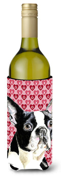 Boston Terrier Hearts Love Valentine's Day Wine Bottle Hugger Gift Sleeve for Standard 750 ml Bottles, Insulated Reusable Also Fits Mini Shot & Pint Bottles