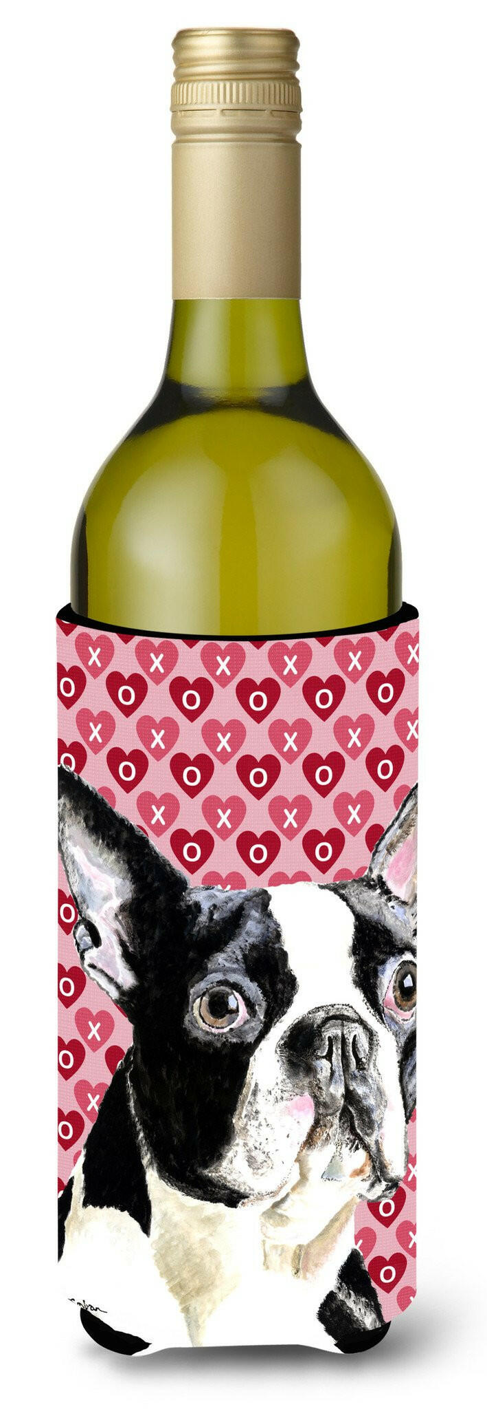 Boston Terrier Hearts Love Valentine's Day Wine Bottle Hugger Gift Sleeve for Standard 750 ml Bottles, Insulated Reusable Also Fits Mini Shot & Pint Bottles