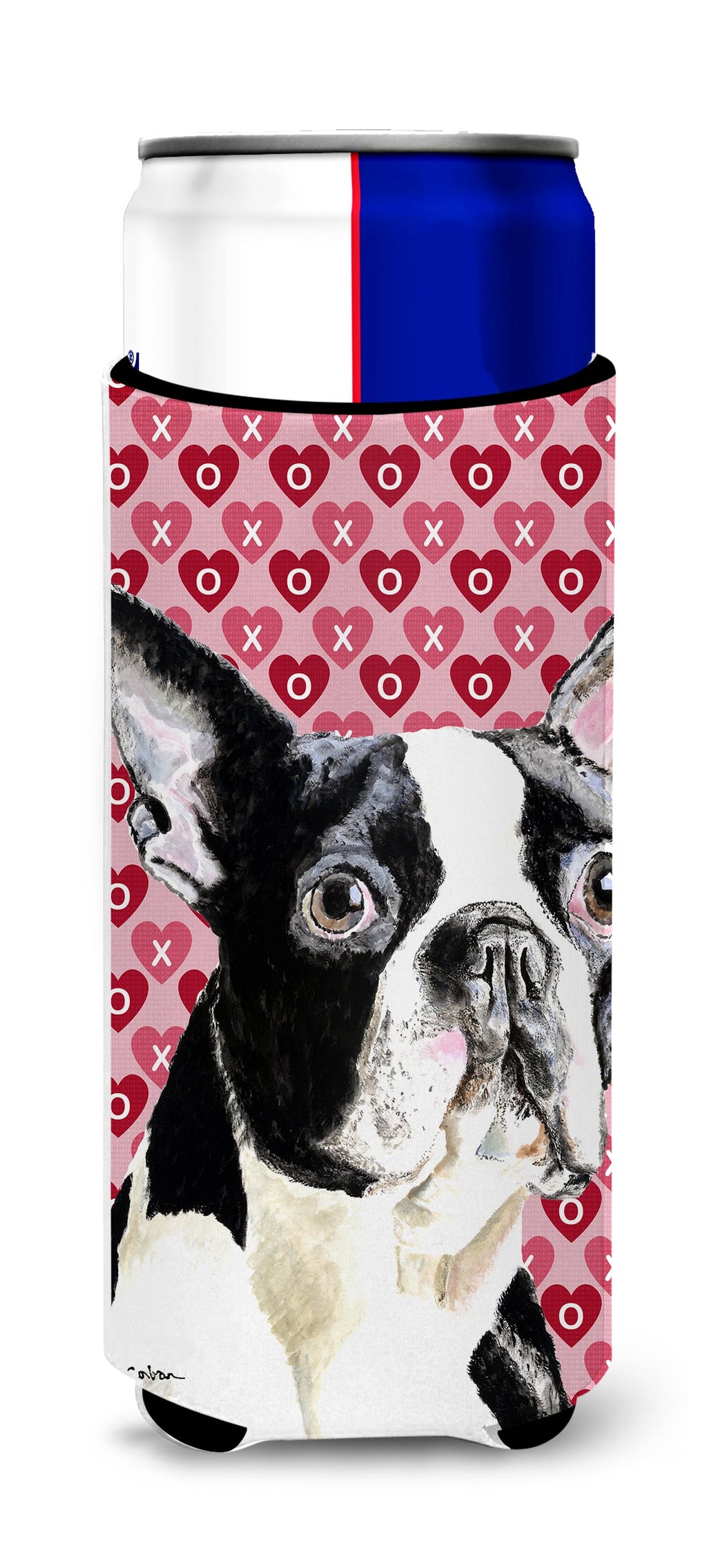 Boston Terrier Hearts Love Valentine's Day Slim Can Hugger , Insulated Foam Hugger for 12 oz Slim Cans, Beer Bottles & Water Bottles, Printed in USA