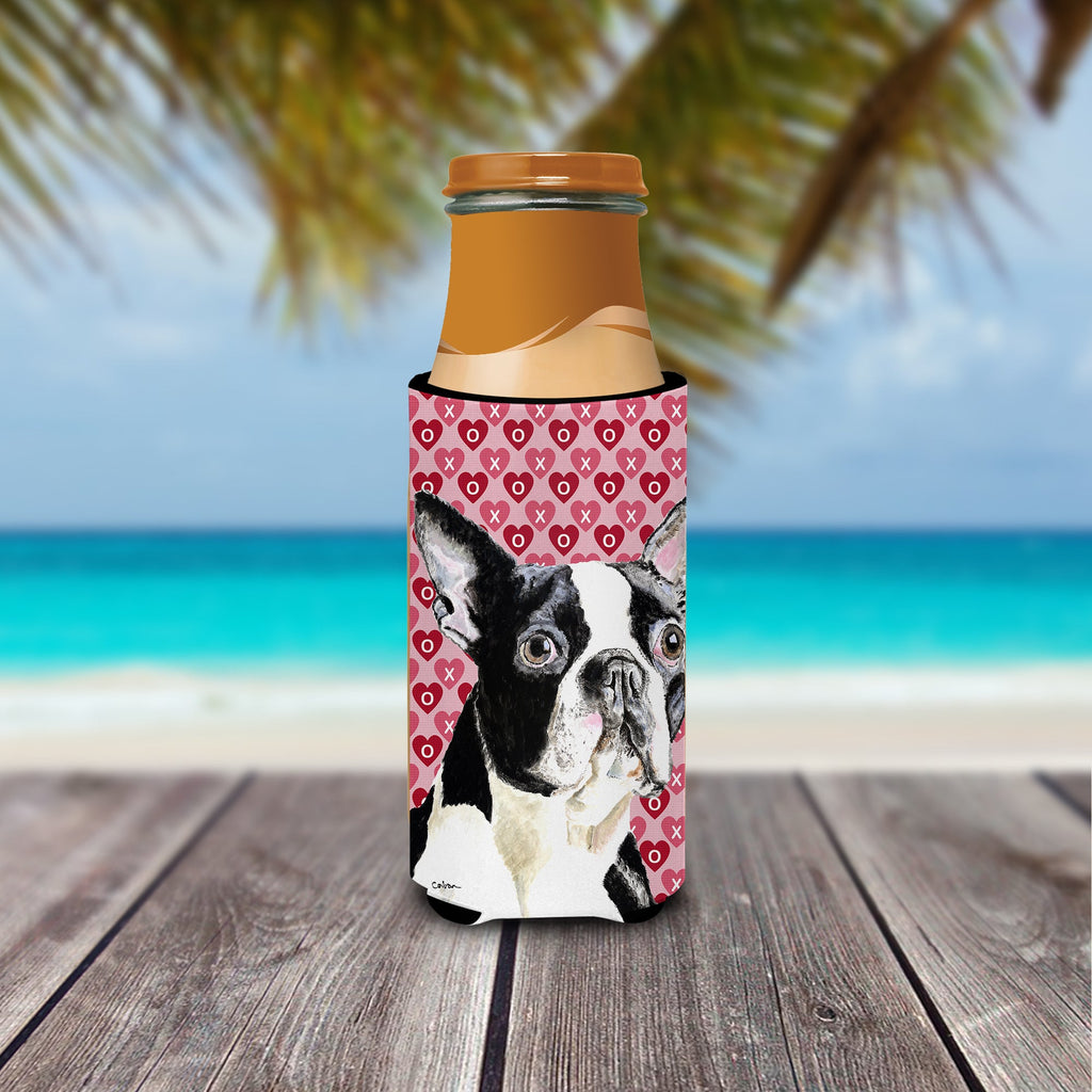 Boston Terrier Hearts Love Valentine's Day Slim Can Hugger , Insulated Foam Hugger for 12 oz Slim Cans, Beer Bottles & Water Bottles, Printed in USA