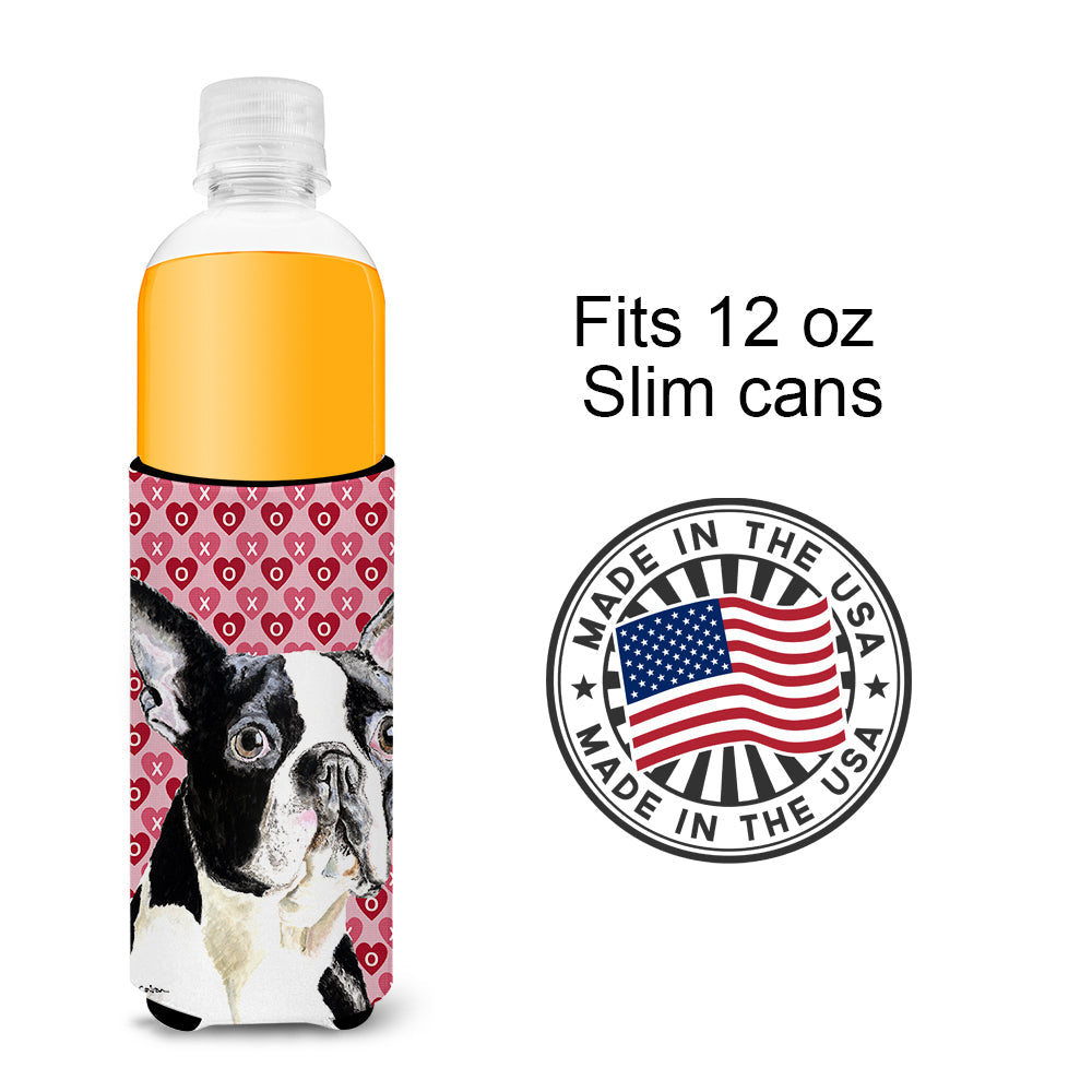 Boston Terrier Hearts Love Valentine's Day Slim Can Hugger , Insulated Foam Hugger for 12 oz Slim Cans, Beer Bottles & Water Bottles, Printed in USA