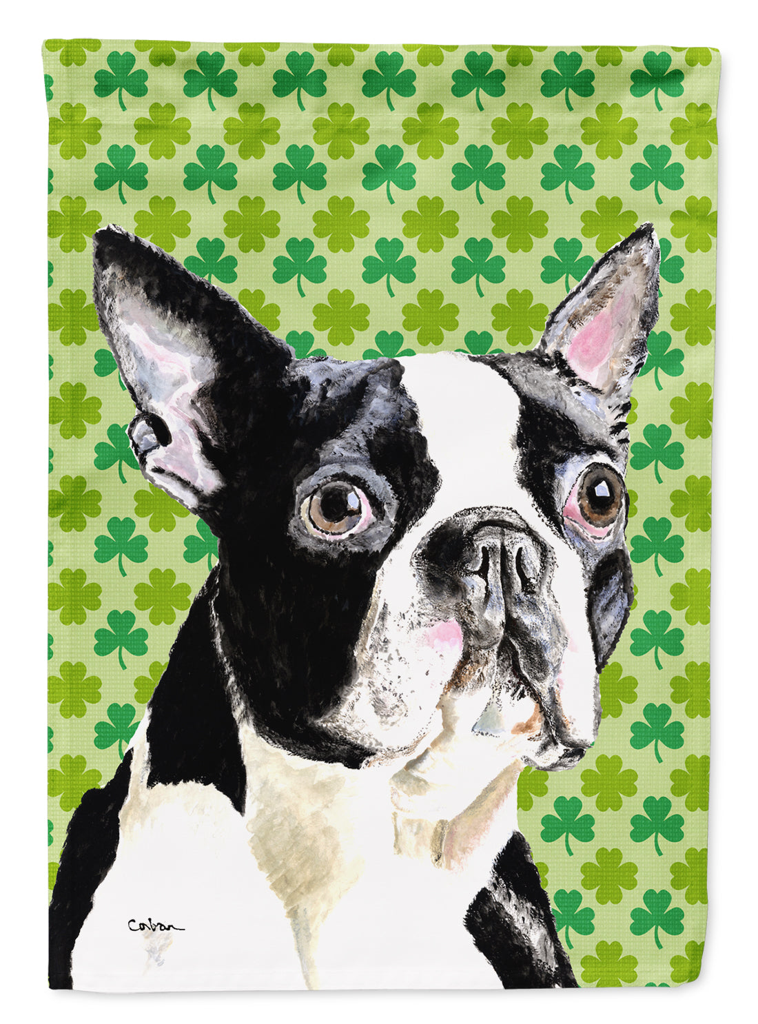 Boston Terrier St. Patrick's Day Shamrock Portrait House Flag 28x40 Porch Sleeve Pole Decorative Outside Yard Banner Artwork Wall Hanging, Polyester