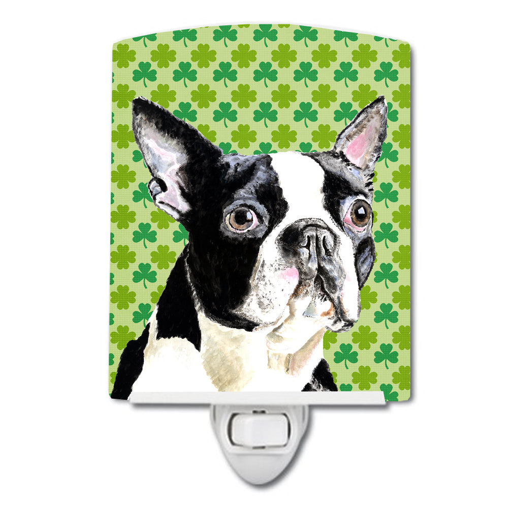 Boston Terrier St. Patrick's Day Shamrock Portrait Ceramic Night Light Compact, UL-Certified, Ideal for Bedroom, Bathroom, Nursery, Hallway, Kitchen, 6x4x3, Multicolor