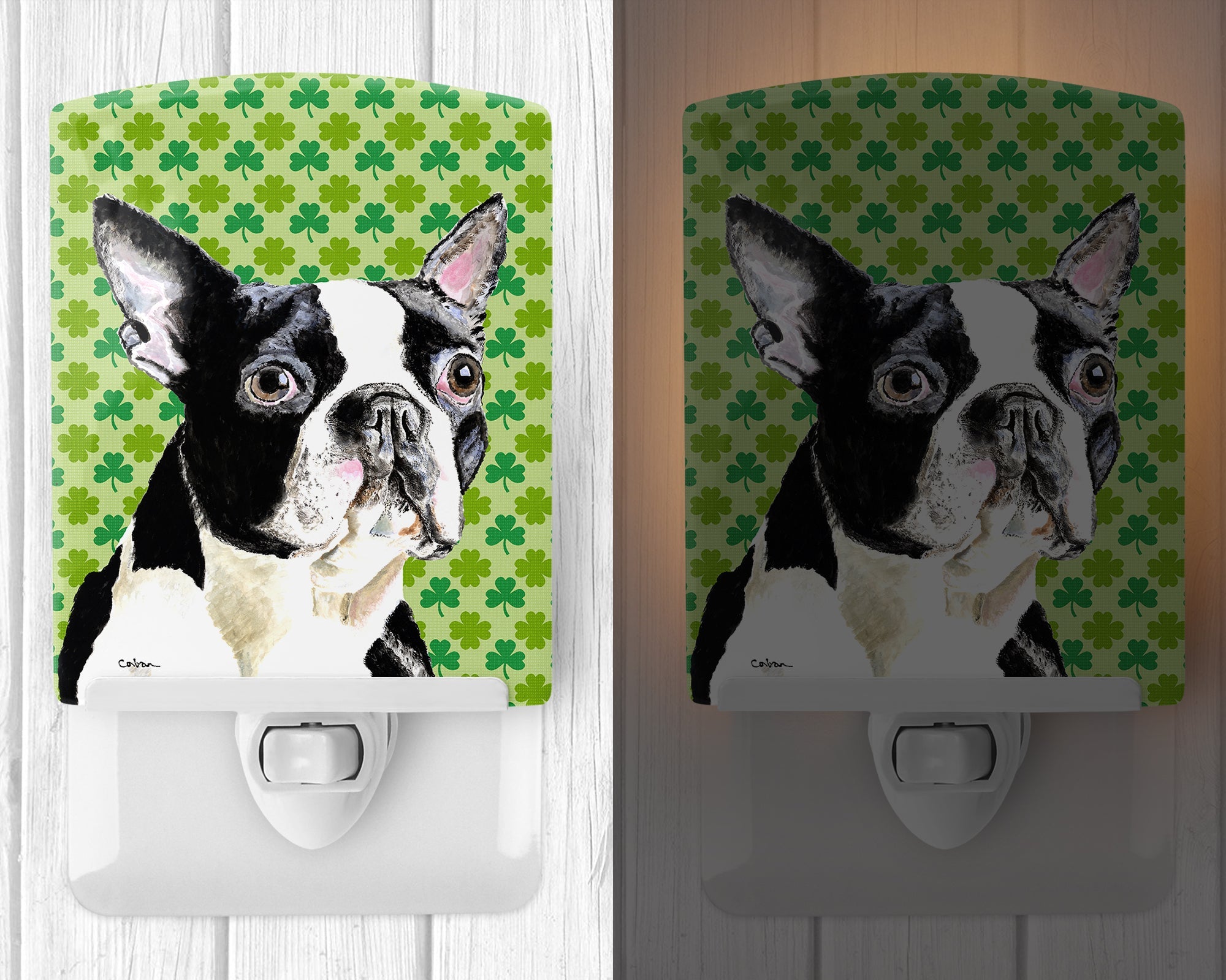 Boston Terrier St. Patrick's Day Shamrock Portrait Ceramic Night Light Compact, UL-Certified, Ideal for Bedroom, Bathroom, Nursery, Hallway, Kitchen, 6x4x3, Multicolor
