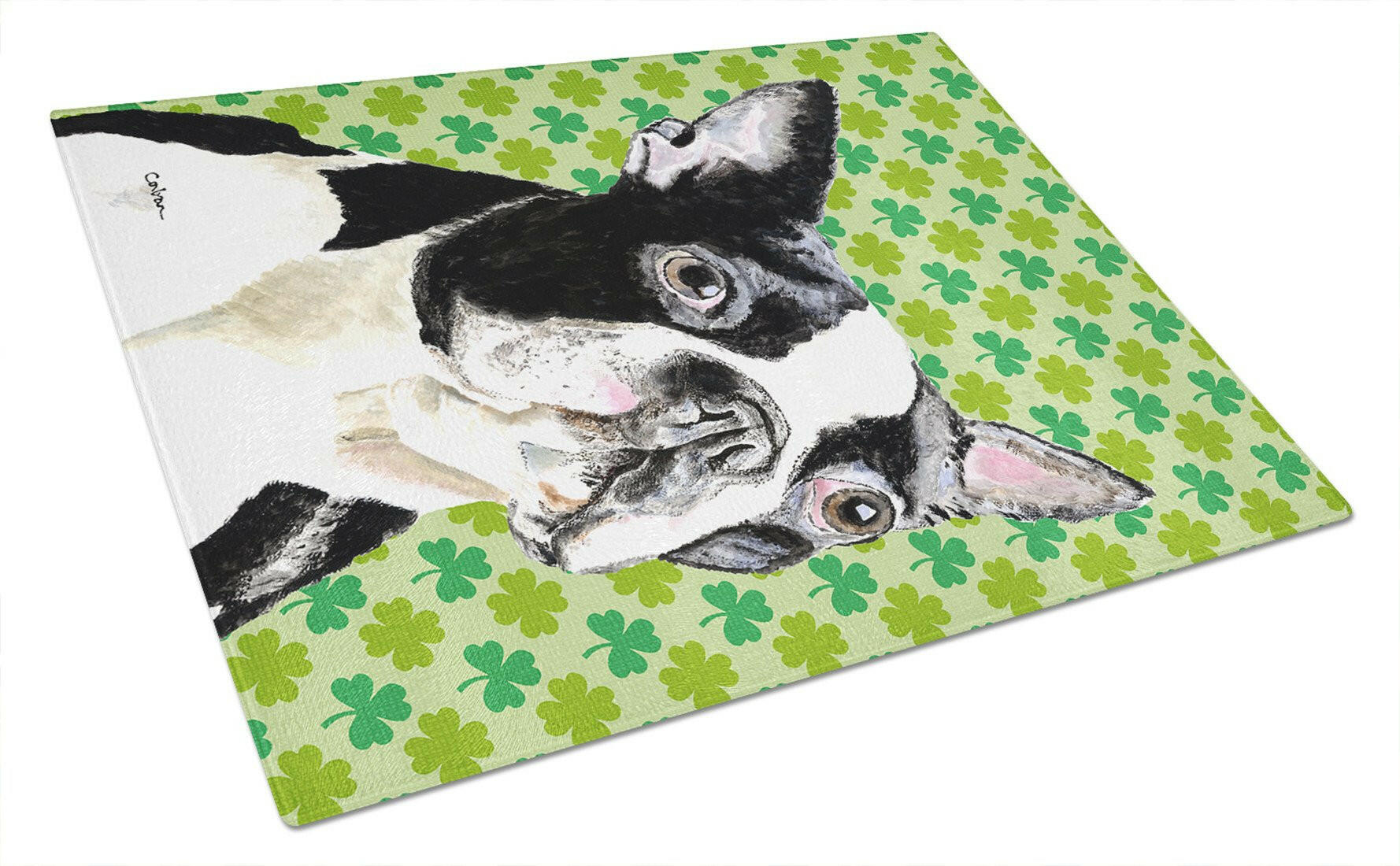 Boston Terrier St. Patrick's Day Shamrock Portrait Cutting Board Tempered Glass Kitchen Cutting Surface, Heat Resistant Chopping, Non-Slip Feet, Food Prep & Serving