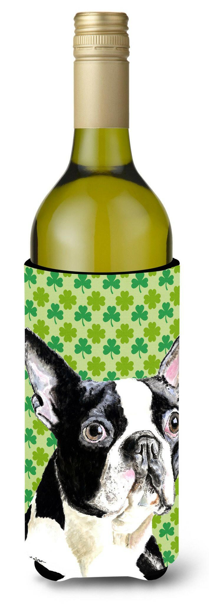 Boston Terrier St. Patrick's Day Shamrock Portrait Wine Bottle Hugger Gift Sleeve for Standard 750 ml Bottles, Insulated Reusable Also Fits Mini Shot & Pint Bottles