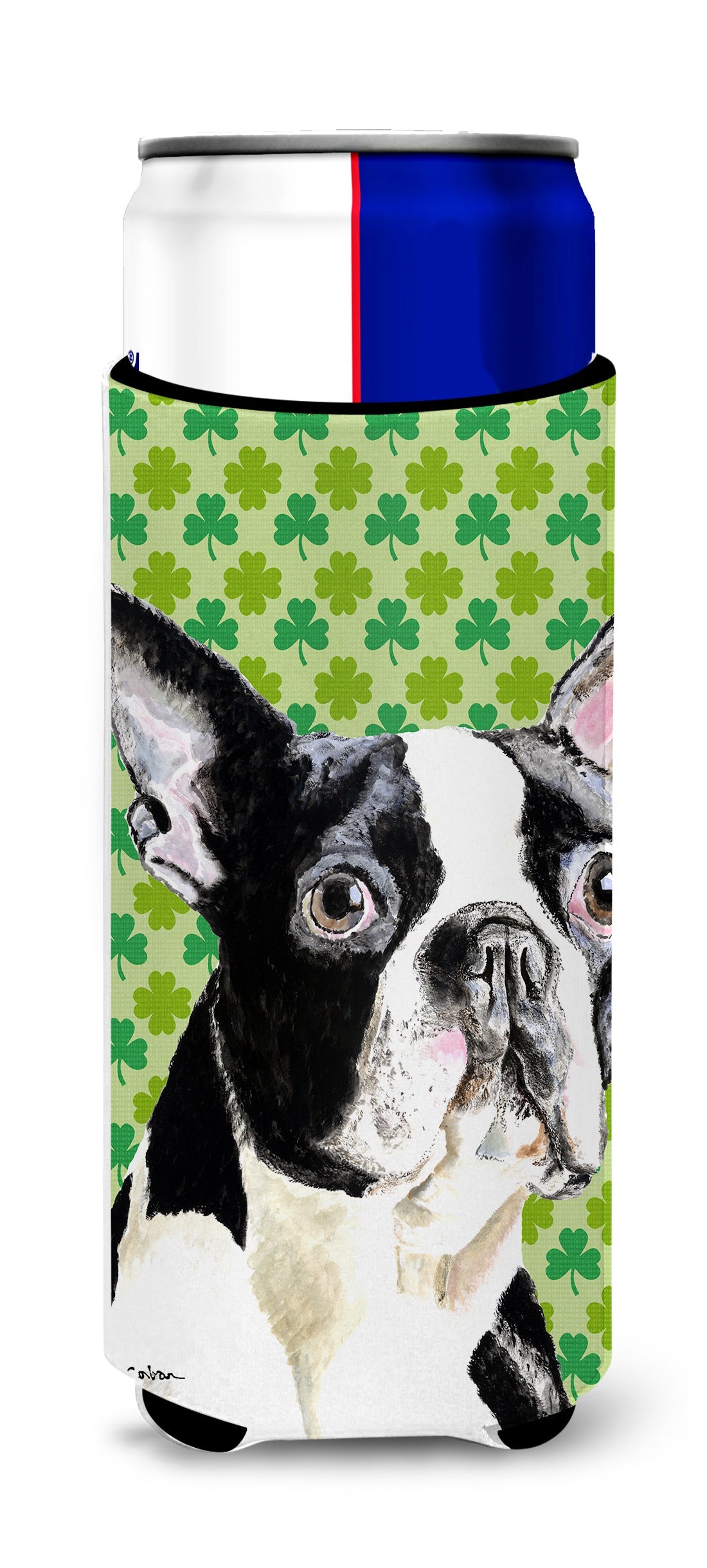 Boston Terrier St. Patrick's Day Shamrock Portrait Slim Can Hugger , Insulated Foam Hugger for 12 oz Slim Cans, Beer Bottles & Water Bottles, Printed in USA
