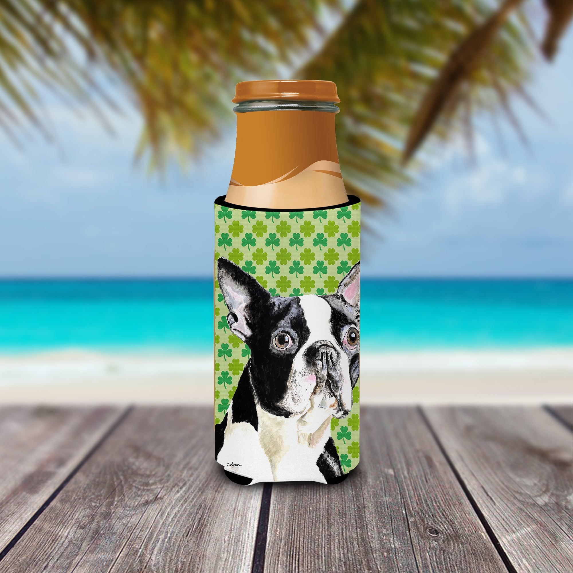 Boston Terrier St. Patrick's Day Shamrock Portrait Slim Can Hugger , Insulated Foam Hugger for 12 oz Slim Cans, Beer Bottles & Water Bottles, Printed in USA