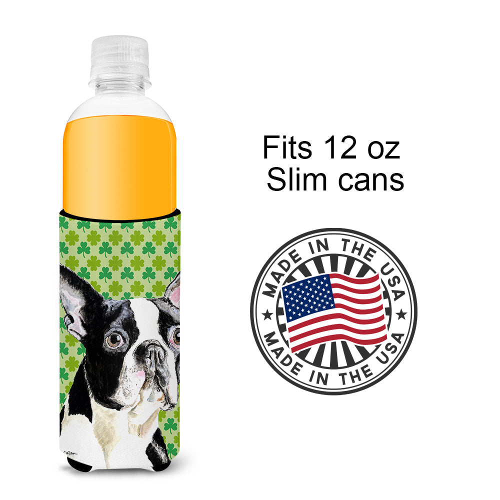 Boston Terrier St. Patrick's Day Shamrock Portrait Slim Can Hugger , Insulated Foam Hugger for 12 oz Slim Cans, Beer Bottles & Water Bottles, Printed in USA