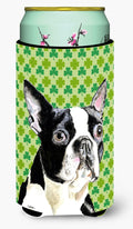 Boston Terrier St. Patrick's Day Shamrock Portrait Tall Boy Hugger Can Cooler Sleeve Machine Washable Drink Collapsible Insulator Beverage Insulated Holder