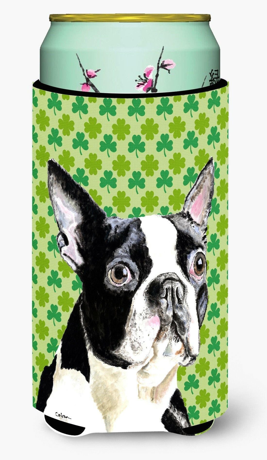 Boston Terrier St. Patrick's Day Shamrock Portrait Tall Boy Hugger Can Cooler Sleeve Machine Washable Drink Collapsible Insulator Beverage Insulated Holder