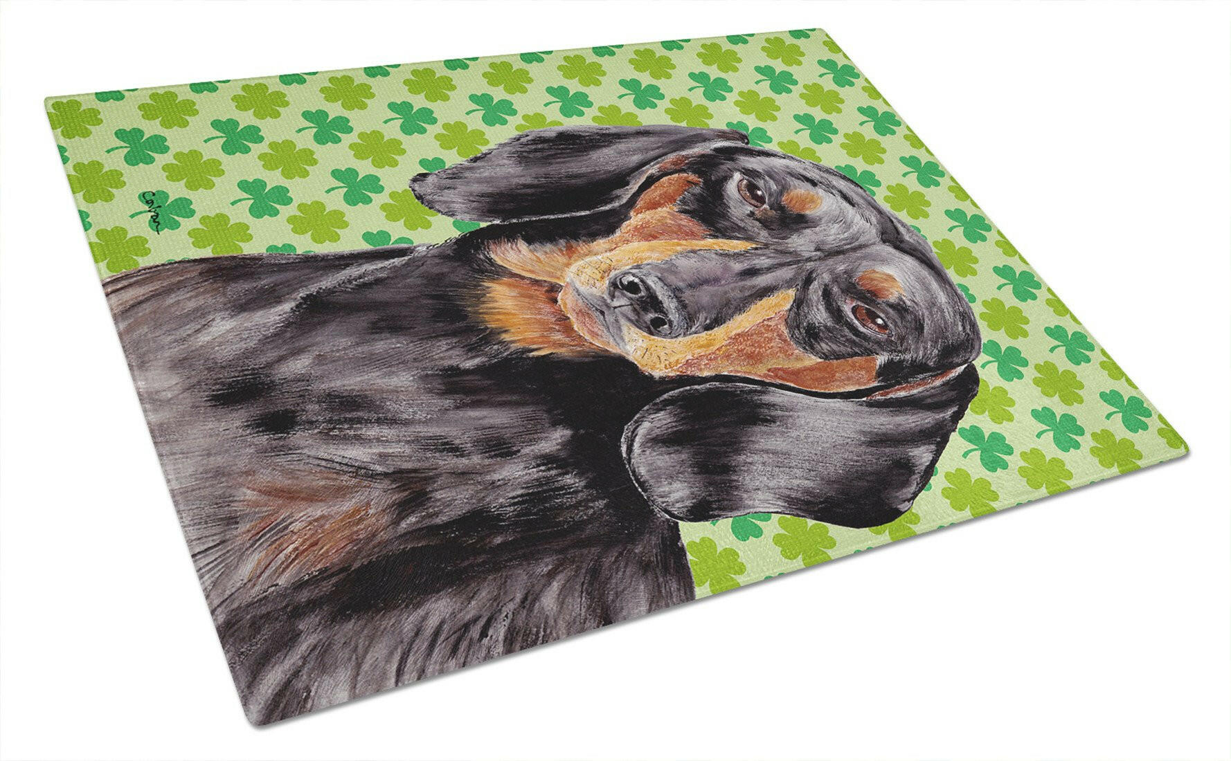 Dachshund St. Patrick's Day Shamrock Portrait Cutting Board Tempered Glass Kitchen Cutting Surface, Heat Resistant Chopping, Non-Slip Feet, Food Prep & Serving