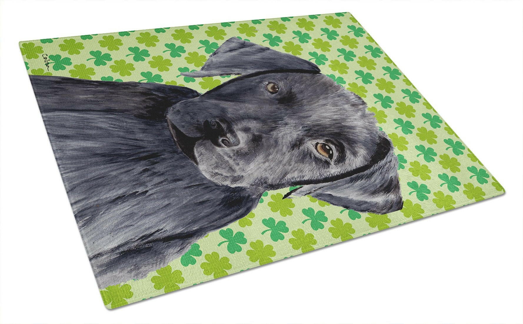 Labrador Black St. Patrick's Day Shamrock Portrait Cutting Board Tempered Glass Kitchen Cutting Surface, Heat Resistant Chopping, Non-Slip Feet, Food Prep & Serving