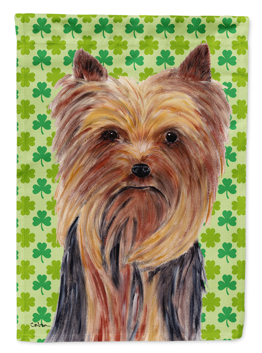 Yorkie St. Patrick's Day Shamrock Portrait House Flag 28x40 Porch Sleeve Pole Decorative Outside Yard Banner Artwork Wall Hanging, Polyester