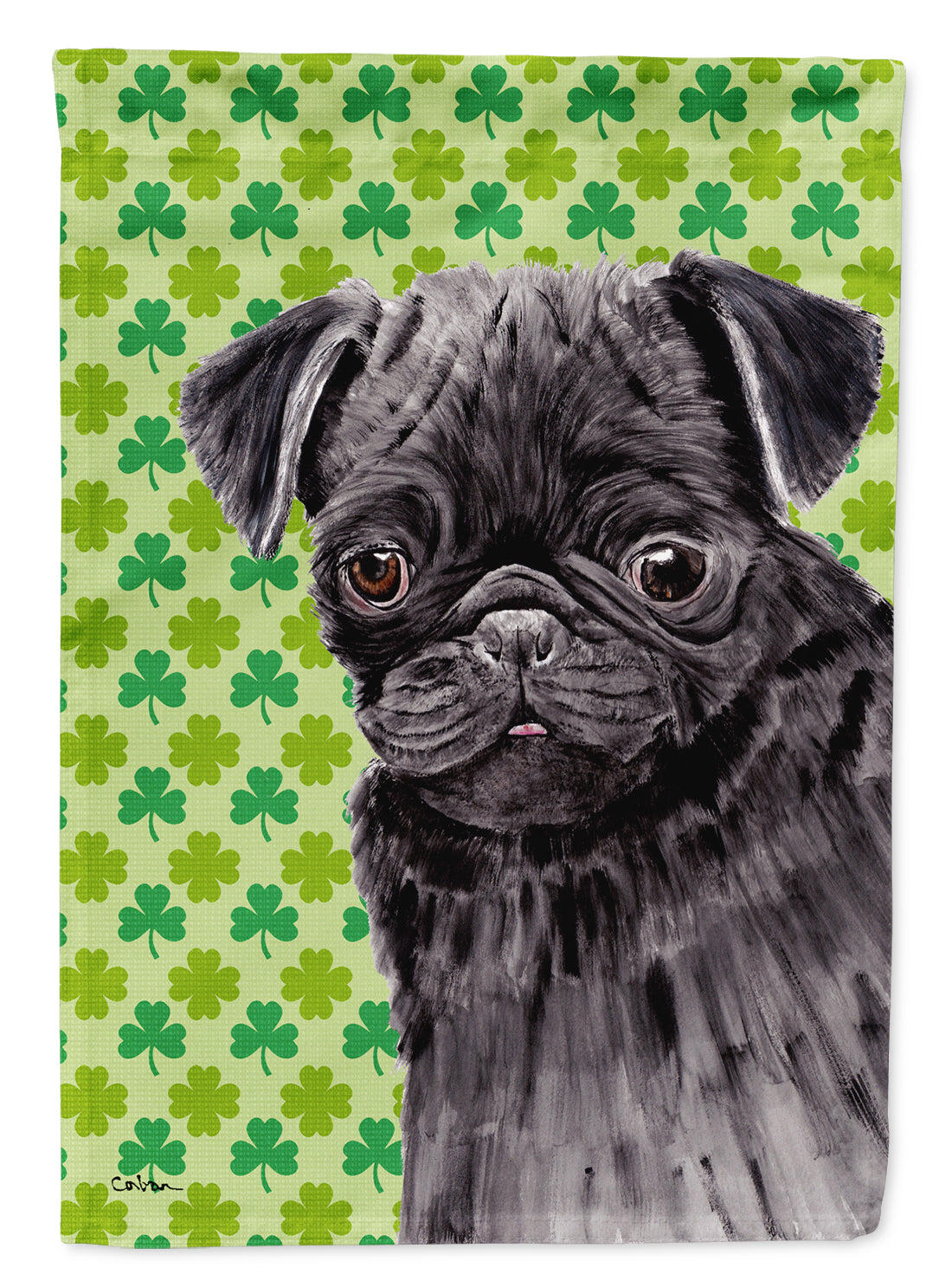 Pug Black St. Patrick's Day Shamrock Portrait House Flag 28x40 Porch Sleeve Pole Decorative Outside Yard Banner Artwork Wall Hanging, Polyester