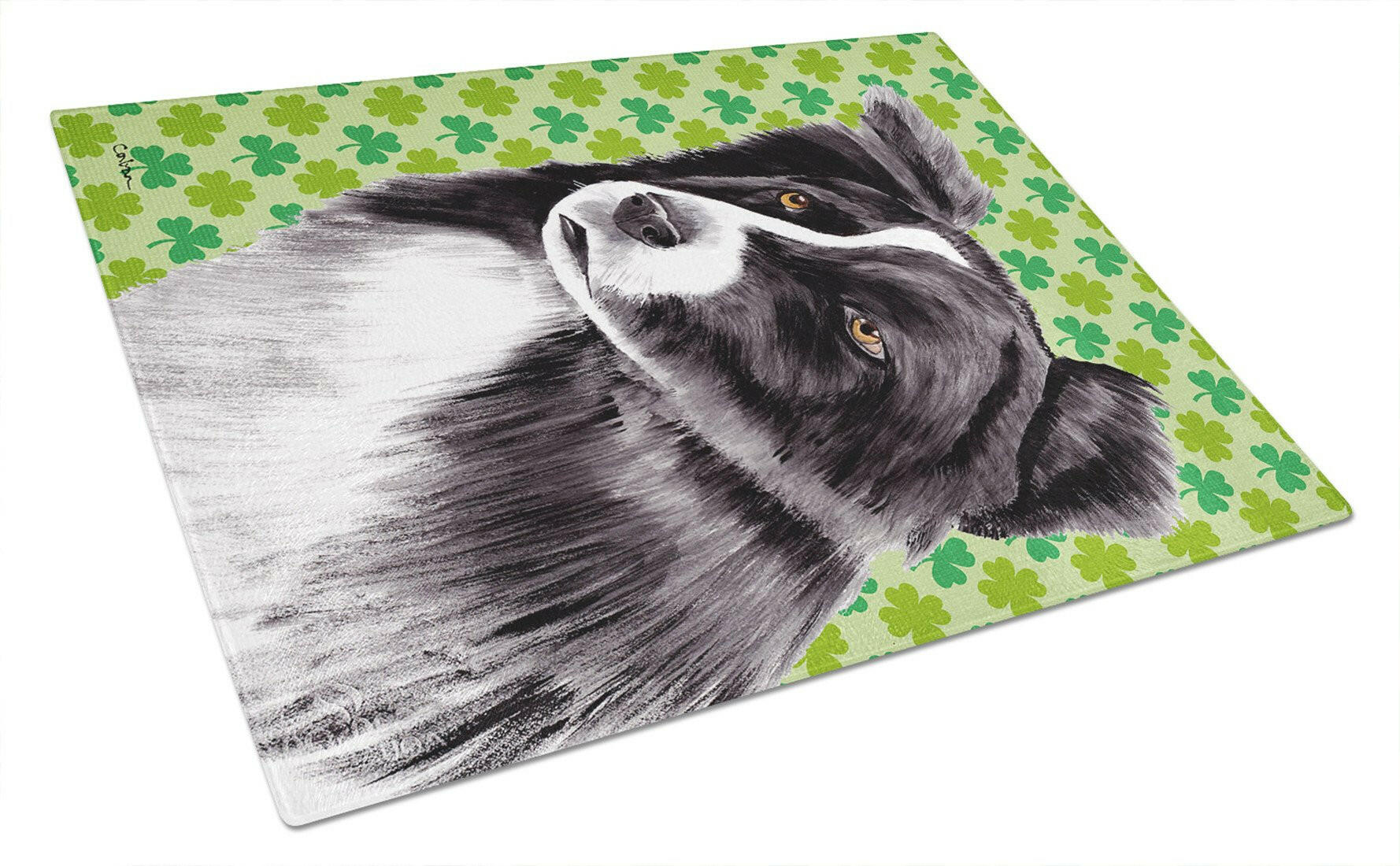 Border Collie St. Patrick's Day Shamrock Portrait Cutting Board Tempered Glass Kitchen Cutting Surface, Heat Resistant Chopping, Non-Slip Feet, Food Prep & Serving