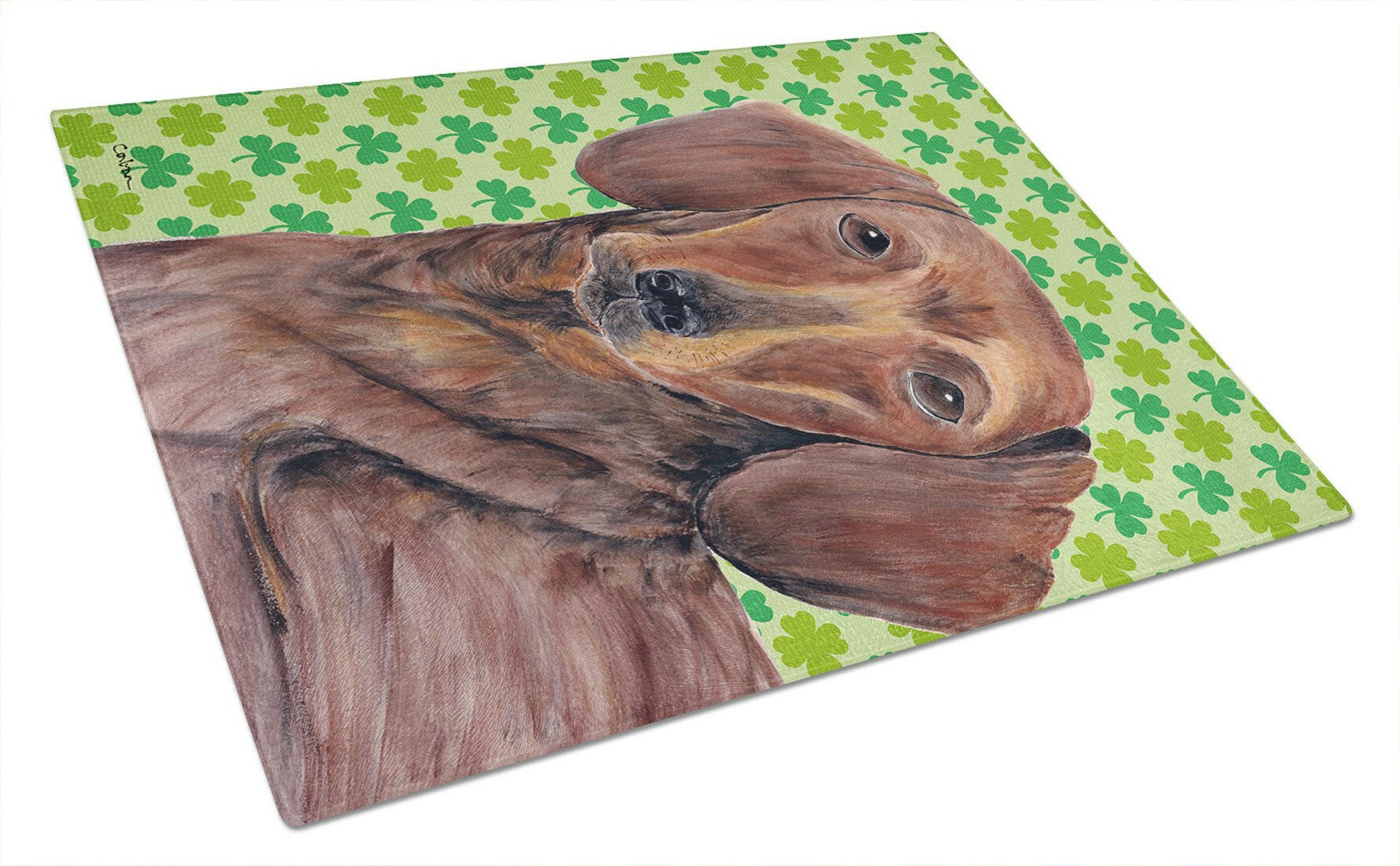 Dachshund St. Patrick's Day Shamrock Portrait Cutting Board Tempered Glass Kitchen Cutting Surface, Heat Resistant Chopping, Non-Slip Feet, Food Prep & Serving