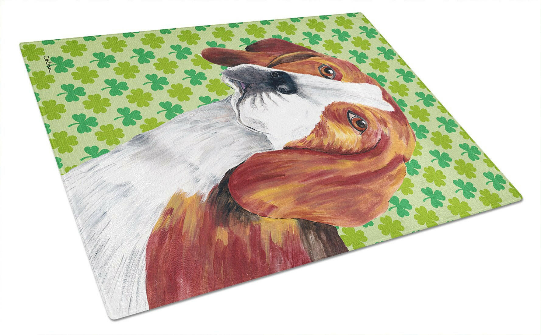 Beagle St. Patrick's Day Shamrock Portrait Cutting Board Tempered Glass Kitchen Cutting Surface, Heat Resistant Chopping, Non-Slip Feet, Food Prep & Serving