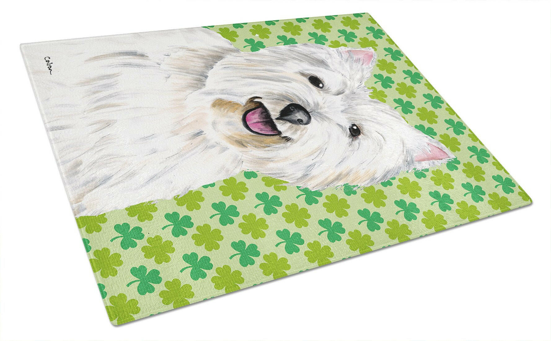 Westie St. Patrick's Day Shamrock Portrait Cutting Board Tempered Glass Kitchen Cutting Surface, Heat Resistant Chopping, Non-Slip Feet, Food Prep & Serving
