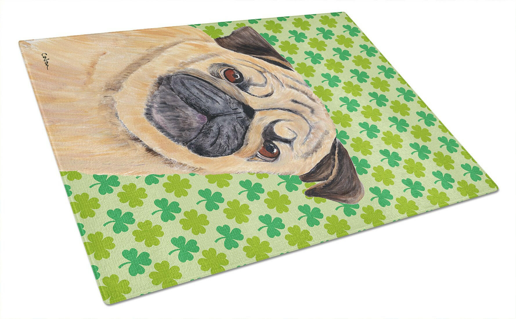 Pug St. Patrick's Day Shamrock Portrait Cutting Board Tempered Glass Kitchen Cutting Surface, Heat Resistant Chopping, Non-Slip Feet, Food Prep & Serving