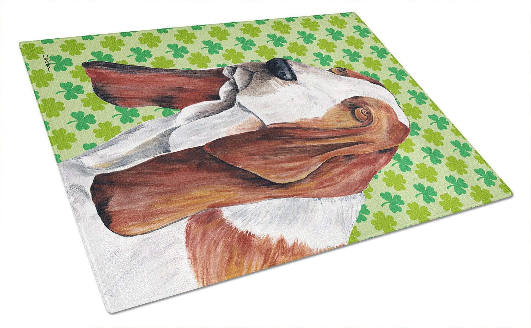 Basset Hound St. Patrick's Day Shamrock Portrait Cutting Board Tempered Glass Kitchen Cutting Surface, Heat Resistant Chopping, Non-Slip Feet, Food Prep & Serving