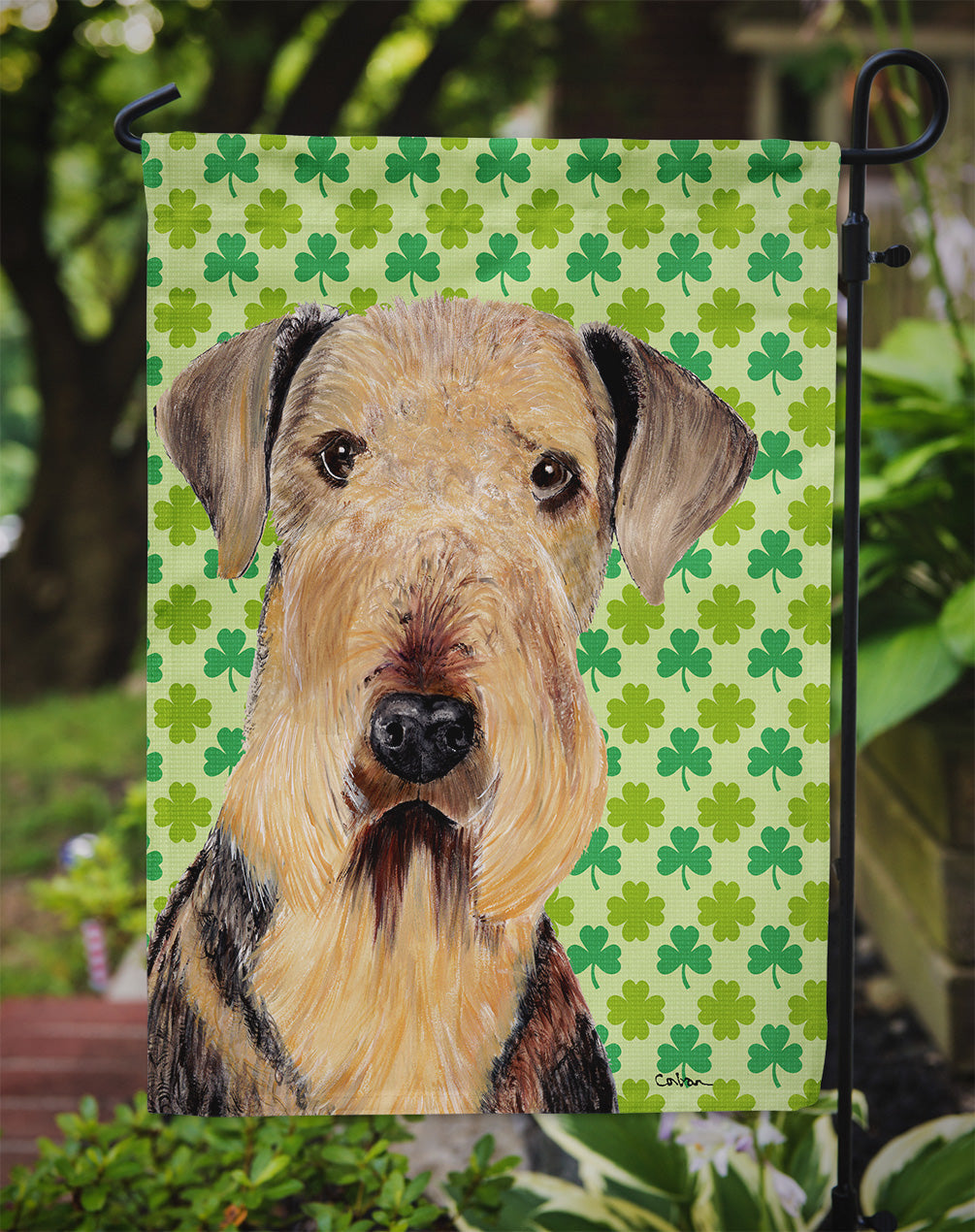 Airedale St. Patrick's Day Shamrock Portrait Garden Flag Mailbox Decorative Yard Banner Outside Patio Artwork for Flower Beds, Garden Size, Multicolor