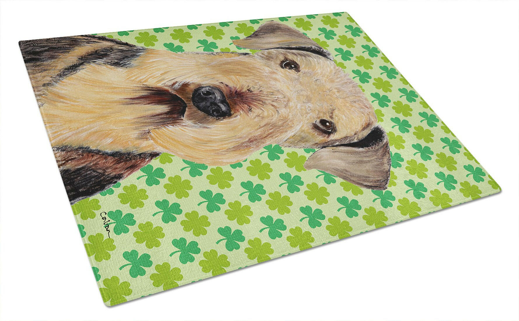 Airedale St. Patrick's Day Shamrock Portrait Cutting Board Tempered Glass Kitchen Cutting Surface, Heat Resistant Chopping, Non-Slip Feet, Food Prep & Serving