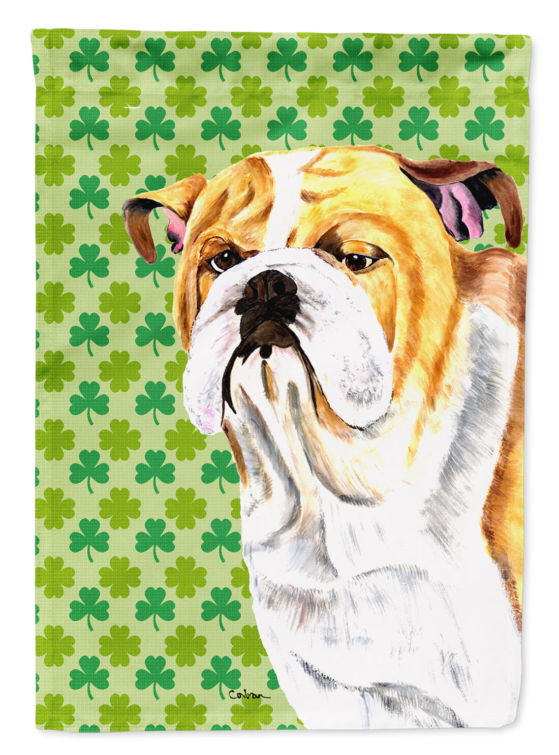 Bulldog English St. Patrick's Day Shamrock Portrait House Flag 28x40 Porch Sleeve Pole Decorative Outside Yard Banner Artwork Wall Hanging, Polyester