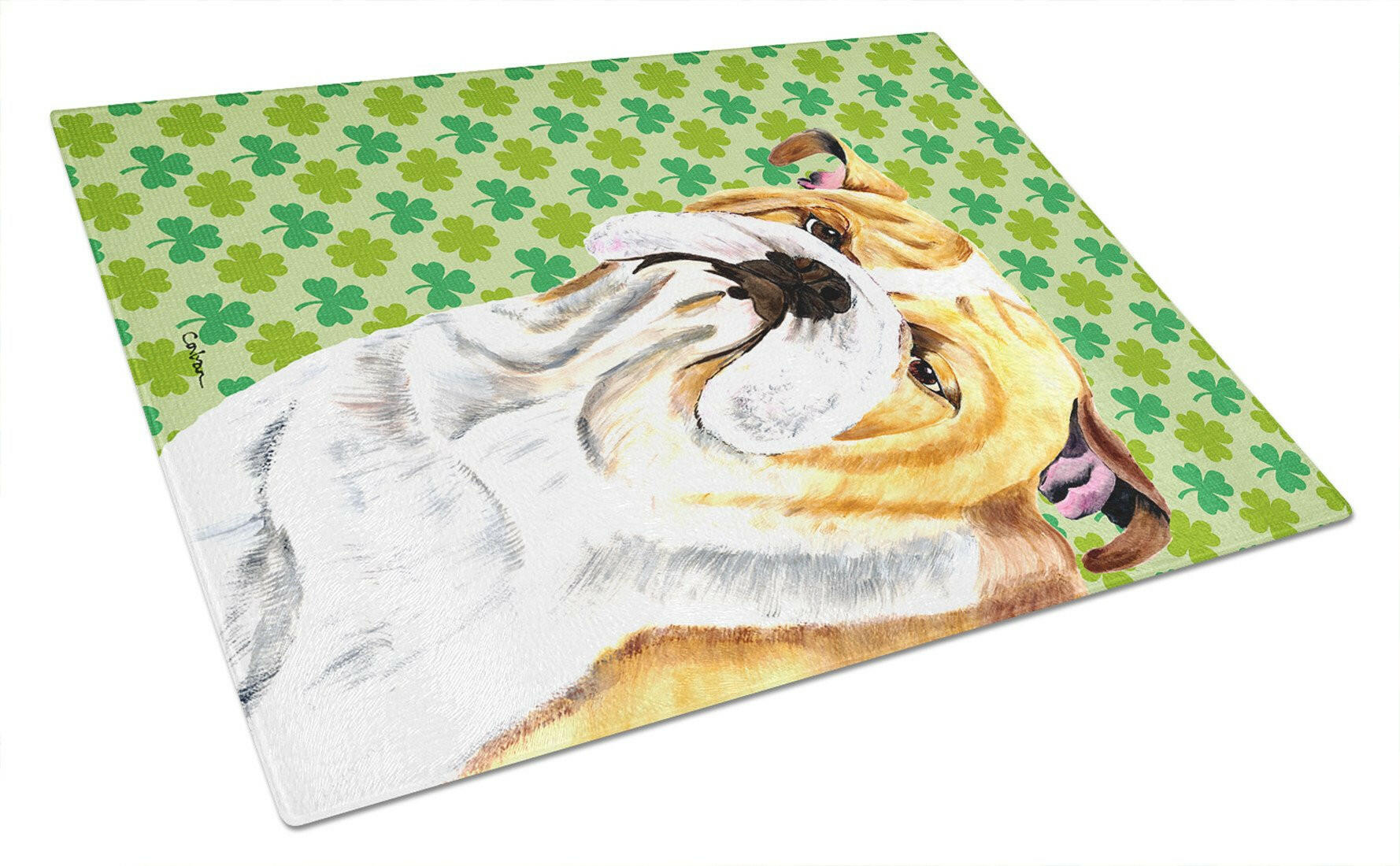 Bulldog English St. Patrick's Day Shamrock Portrait Cutting Board Tempered Glass Kitchen Cutting Surface, Heat Resistant Chopping, Non-Slip Feet, Food Prep & Serving