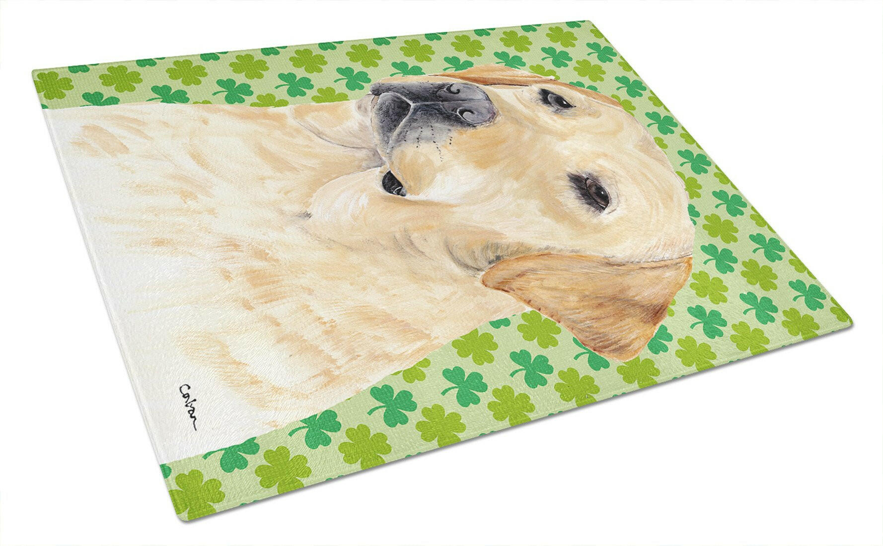 Labrador Yellow St. Patrick's Day Shamrock Portrait Cutting Board Tempered Glass Kitchen Cutting Surface, Heat Resistant Chopping, Non-Slip Feet, Food Prep & Serving